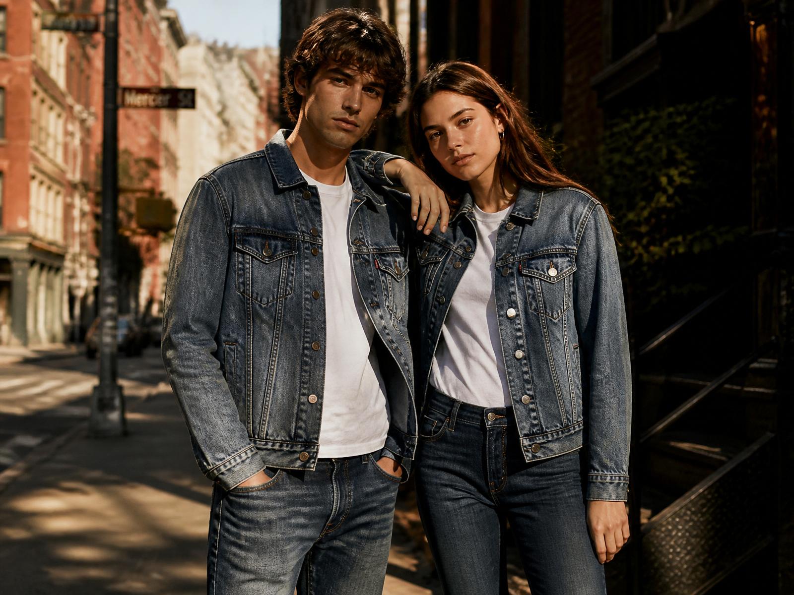 Two people wearing Levi's denim jackets and jeans on a sunlit city street